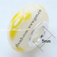 Abalorio Europeo de porcelana, Toroidal, con patrón de flores & doble núcleo de plata esterlina sin rosca, amarillo, 15x9mm, agujero:aproximado 5mm, Vendido por UD