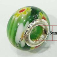 Abalorio de cristal Europeo de Millefiori, millefiori de cristal, Toroidal, con patrón de flores & doble núcleo de plata esterlina sin rosca, verde, 16x12mm, agujero:aproximado 4.5mm, Vendido por UD