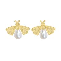 Pendientes de Perno de Aleación de Zinc, con Perlas plásticas, chapado en color dorado, para mujer, Blanco, 17x22mm, Vendido por Par