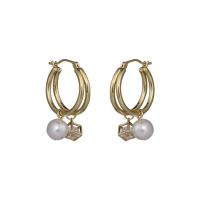 Huggie Hoop Drop Earring, Brass, with 925 Sterling Silver & Plastic Pearl, gold color plated, for woman, white 