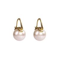 Brass Huggie Hoop Earring, with 925 Sterling Silver & Plastic Pearl, gold color plated, for woman, white 