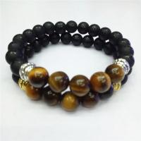 Gemstone Bracelets, Tiger Eye, with Black Stone, Round, polished, Unisex 8mm Approx 7.5 Inch 