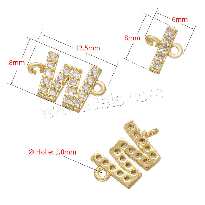 Befestiger Zirkonia Messing Schmuckverbinder, Alphabet-Buchstabe, plattiert, verschiedene Stile für Wahl & Micro pave Zirkonia, keine, 12.5x8mm, Bohrung:ca. 1mm, verkauft von PC