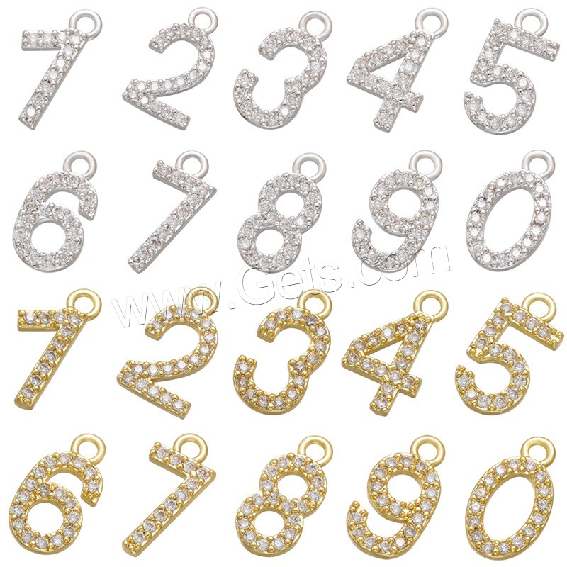 Cubic Zirconia Micro Pave Brass Pendant, Number, plated, different styles for choice & micro pave cubic zirconia, more colors for choice, 7x15mm, Hole:Approx 1.8mm, Sold By PC