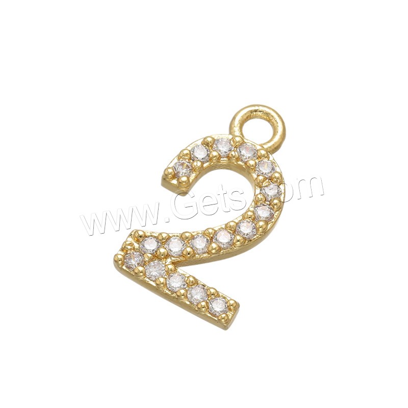 Cubic Zirconia Micro Pave Brass Pendant, Number, plated, different styles for choice & micro pave cubic zirconia, more colors for choice, 7x15mm, Hole:Approx 1.8mm, Sold By PC