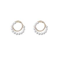 Pendientes de Perno de Aleación de Zinc, con Plata de ley 925 & Perlas plásticas, chapado en color dorado, para mujer & con diamantes de imitación, Blanco, 23x25mm, Vendido por Par