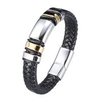 Men Bracelet, Split Layer Cowhide Leather, with Stainless Steel, fashion jewelry, black 