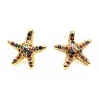 Pendientes de Perno de Aleación de Zinc, metal, Estrella de Mar, chapado en color dorado, micro arcilla de zirconia cúbica, 11.5x11mm, Vendido por Par