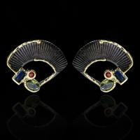 Cupronickel Stud Earring, gun black plated, for woman & with rhinestone, multi-colored 