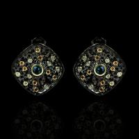 Cupronickel Stud Earring, gun black plated, for woman & with rhinestone, multi-colored 