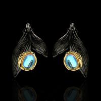 Cupronickel Stud Earring, with Moonstone, gun black plated, for woman, blue 