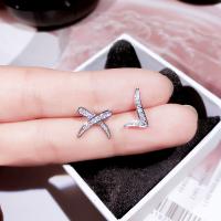 Cupronickel Stud Earring, silver color plated, for woman & with rhinestone 