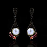 Cupronickel Drop Earring, with Plastic Pearl, gun black plated, for woman & with rhinestone, white 