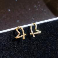 Cupronickel Stud Earring, gold color plated, for woman & with rhinestone 