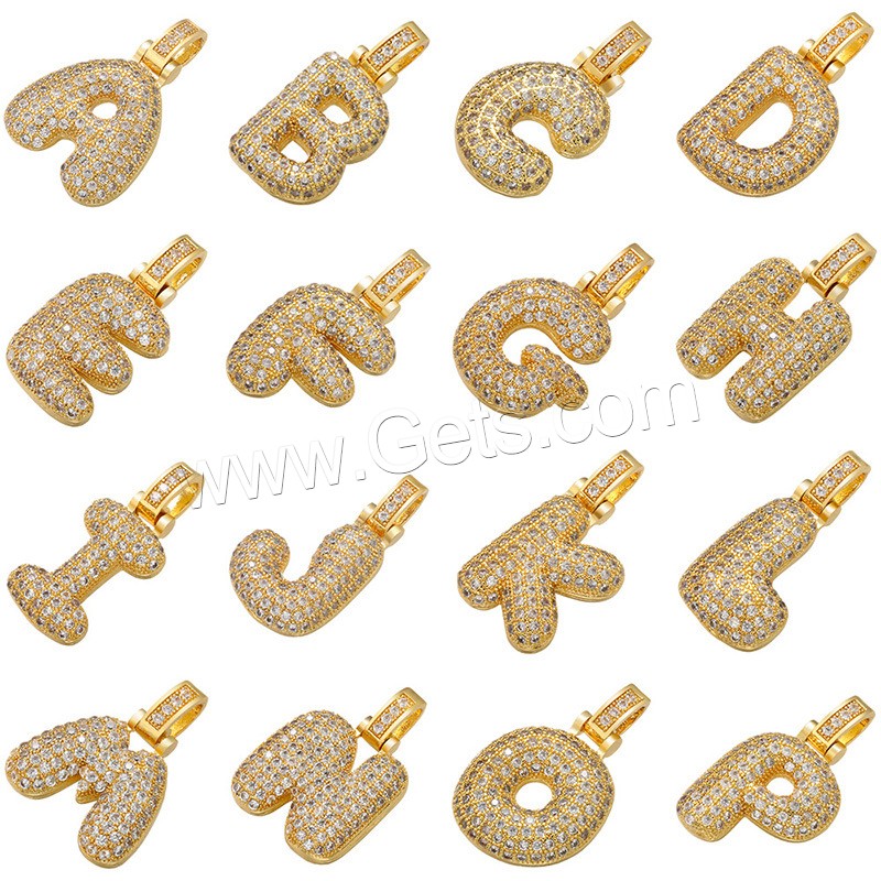 Cubic Zirconia Micro Pave Brass Pendant, Alphabet Letter, plated, different styles for choice & micro pave cubic zirconia, more colors for choice, 17x29mm, Hole:Approx 4mm, Sold By PC