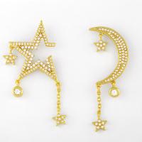 Pendientes asimétricos, metal, Luna y estrella, 18K chapado en oro, Joyería & micro arcilla de zirconia cúbica & para mujer, dorado, 46*24*45*17mm, Vendido por Par