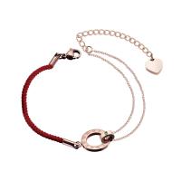 Titanium Steel Bracelet & Bangle, with Cotton Cord, rose gold color plated, for woman & with rhinestone, red, 12.4*1.6mm,6.2*2.3mm Approx 7 Inch 