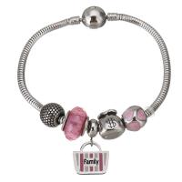 Edelstahl Charm Armband, 316 Edelstahl, silberfarben plattiert, Schlangekette & mit Brief Muster & für Frau & mit Strass & Schwärzen, Rosa, 15x14mm,9x10mm,3mm, Länge:ca. 7 ZollInch, 50SträngeStrang/Tasche, verkauft von Tasche