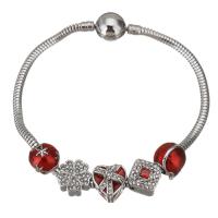 Edelstahl Europa Armbänder, 316 Edelstahl, silberfarben plattiert, Schlangekette & für Frau & Epoxy Aufkleber & mit Strass, rot, 11x11mm,10x10mm,3mm, Länge:ca. 7 ZollInch, 50SträngeStrang/Tasche, verkauft von Tasche