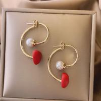 alliage de zinc Dessin animé Split boucle d'oreille, avec perle de plastique, bijoux de mode, rouge, Vendu par paire