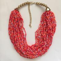 Glass Seed Beads Necklace, Zinc Alloy, with Seedbead, gold color plated, multilayer & for woman, red, 20mm .74 Inch 