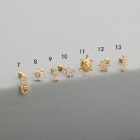 Brass Piercing Earring, with Stainless Steel, plated & micro pave cubic zirconia 6mm,0.8mm 