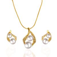 Fashion Zinc Alloy Jewelry Sets, Stud Earring & necklace, with Plastic Pearl, gold color plated, 2 pieces & for woman & with rhinestone, white .14 Inch 