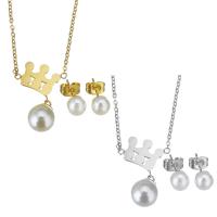 Fashion Stainless Steel Jewelry Sets, Stud Earring & necklace, with Shell Pearl, plated 27mm 1.5mm,6mm Approx 17 Inch 