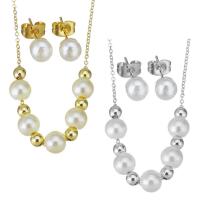 Fashion Stainless Steel Jewelry Sets, Stud Earring & necklace, with Shell Pearl, plated, for woman 6mm,1.2mm,6mm Approx 17 Inch 