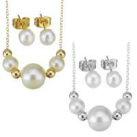 Fashion Stainless Steel Jewelry Sets, Stud Earring & necklace, with Shell Pearl, plated, for woman 10mm,6mm,1.2mm,6mm Approx 17 Inch 