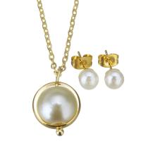 Fashion Stainless Steel Jewelry Sets, Stud Earring & necklace, with Shell Pearl, gold color plated, for woman 1.5mm,6mm Approx 17 Inch 