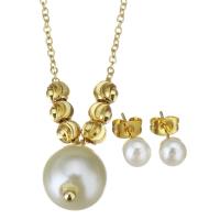 Fashion Stainless Steel Jewelry Sets, Stud Earring & necklace, with Shell Pearl, gold color plated, for woman 1.2mm,6mm Approx 17 Inch 