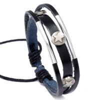 PU Leather Cord Bracelets, Zinc Alloy, with PU Leather & Wax Cord, Adjustable & fashion jewelry & Unisex, black, 17-18cm 