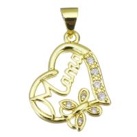 Cubic Zirconia Micro Pave Brass Pendant, Heart, gold color plated, micro pave cubic zirconia & hollow 