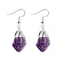 Gemstone Drop Earring, Amethyst, with Brass, irregular, silver color plated, for woman, purple, 40-45mm 