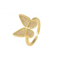 Brass Cuff Finger Ring, Butterfly, gold color plated, Adjustable & micro pave cubic zirconia 