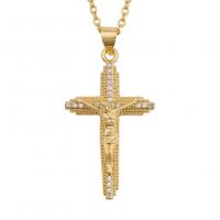 Cubic Zircon Micro Pave Brass Necklace, Crucifix Cross, gold color plated & micro pave cubic zirconia & for woman Approx 19.68 Inch 