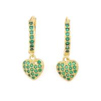 Cubic Zirconia Pendiente Brass Micro Pave, metal, Corazón, chapado en color dorado, micro arcilla de zirconia cúbica & para mujer, verde, 8x25mm, Vendido por Par