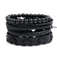 PU Leather Cord Bracelets, with Wax Cord, 4 pieces & Adjustable & fashion jewelry & handmade & Unisex, black, 17-18cmuff0c6cm 