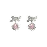 Boucle d'oreille de zinc alliage strass goutte, alliage de zinc, pour femme & avec zircone cubique & avec strass, rose Vendu par paire