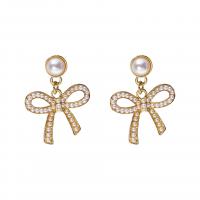 Plastic Pearl Zinc Alloy Earring, with Plastic Pearl, Bowknot, gold color plated, for woman 