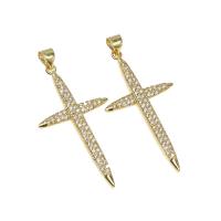 Rhinestone Brass Pendants, Cross, micro pave rhinestone, golden Approx 4mm 