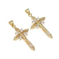 Cubic Zirconia Micro Pave Brass Pendant, Cross, micro pave cubic zirconia, golden Approx 4mm 