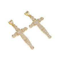 Cubic Zirconia Micro Pave Brass Pendant, Cross, micro pave cubic zirconia, golden Approx 4mm 