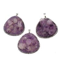 Ice Quartz Agate Pendants, Brass, with Ice Quartz Agate & Amethyst, with rhinestone, purple 