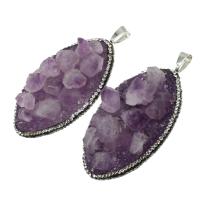 Ice Quartz Agate Pendants, Brass, with Ice Quartz Agate & Amethyst, with rhinestone, purple 