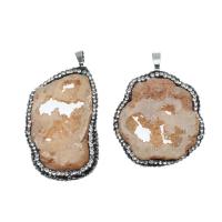 Ice Quartz Agate Pendants, Brass, with Ice Quartz Agate, irregular, druzy style & with rhinestone, mixed colors 