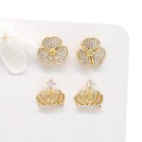 Brass Earring Stud Component, gold color plated & micro pave cubic zirconia & for woman 