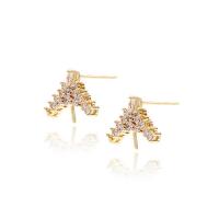 Brass Earring Stud Component, gold color plated, micro pave cubic zirconia 