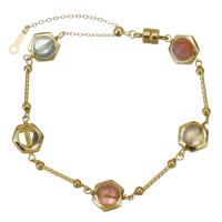 Edelstein Armbänder, gold-gefüllt, mit Mondstein & Aquamarin & Strawberry Quartz & Gelbquarz Perlen & Messing, für Frau, farbenfroh, 13.5x9mm,1mm, Länge:ca. 7.5 ZollInch, verkauft von PC